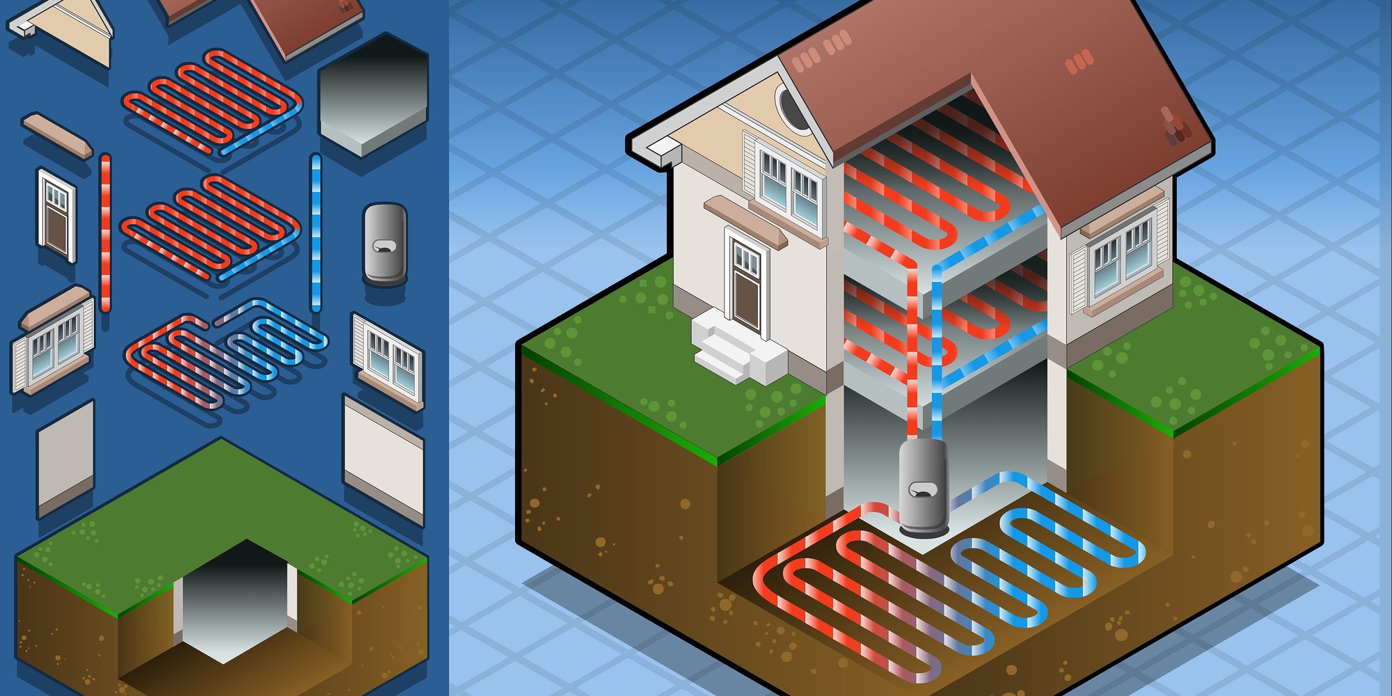 Detailed illustration of a geothermal heat pump/underfloorheating diagram