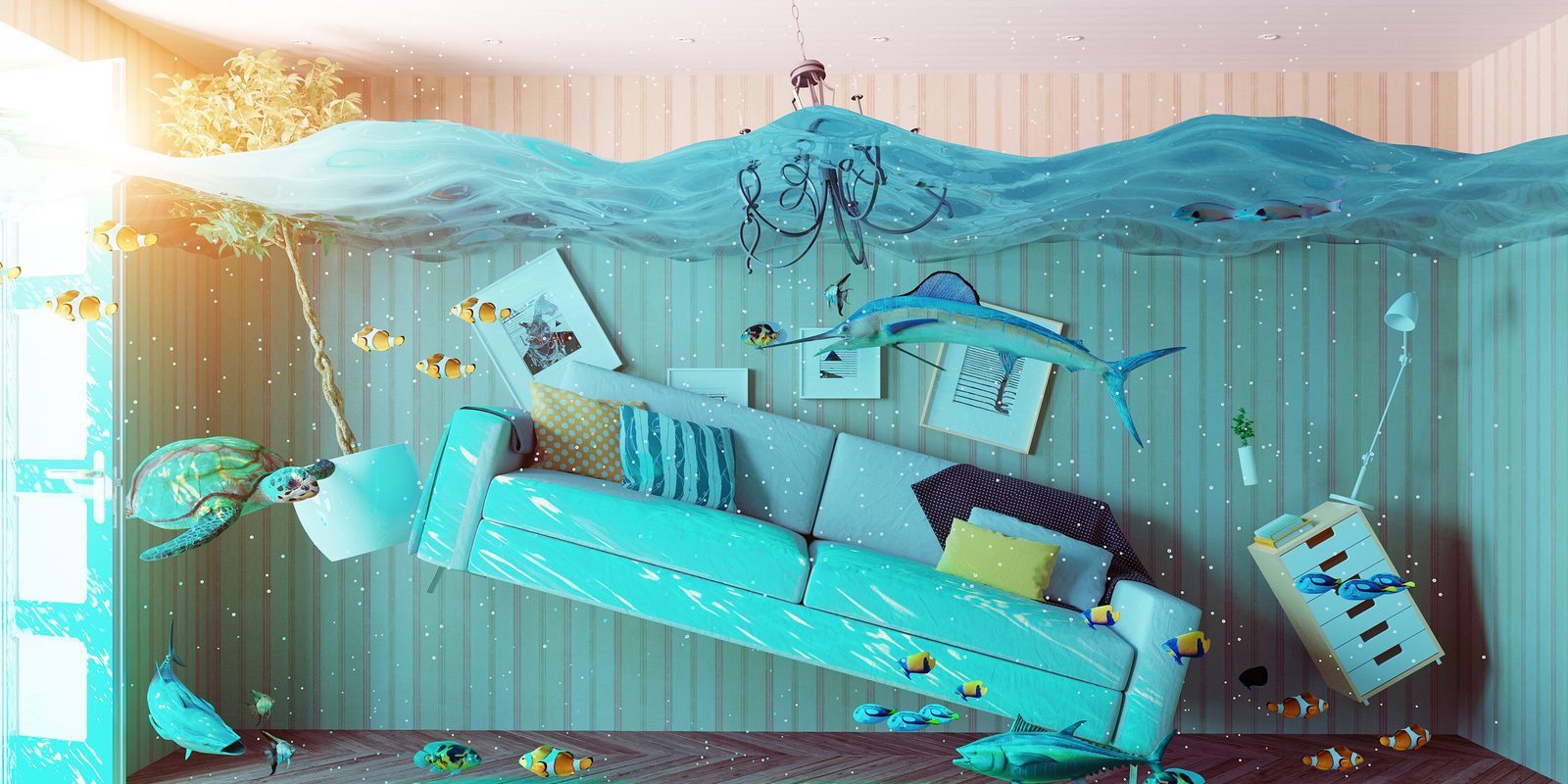 an underwater view in the flooding interior. 3d concept