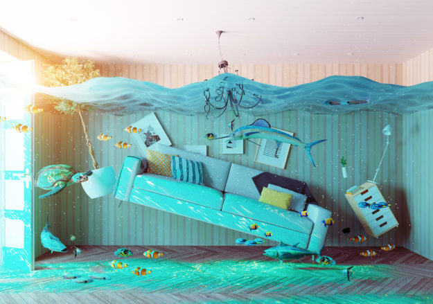 an underwater view in the flooding interior. 3d concept